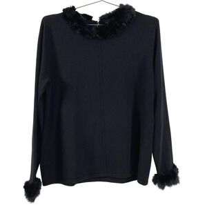 NY Collection Sweater Womens Large Black Faux Fur Trim Collar Cuffs Long Sleeve